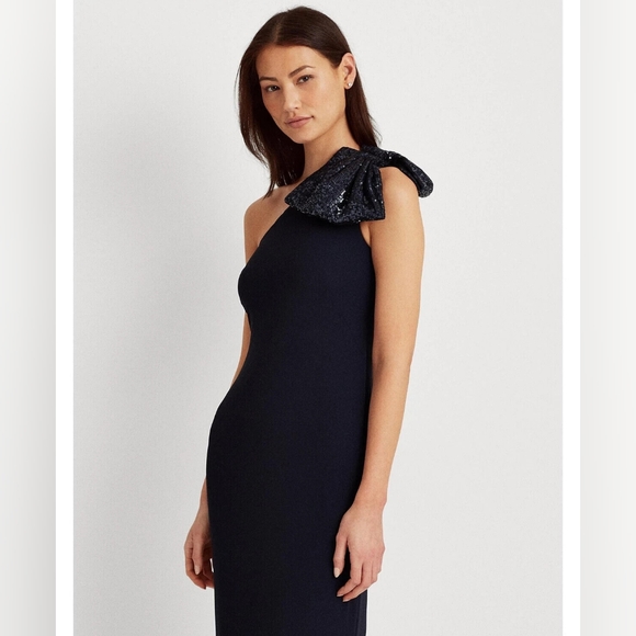 Lauren Ralph Lauren Crepe One Shoulder Evening Gown with Sequined Bow - Picture 2 of 6